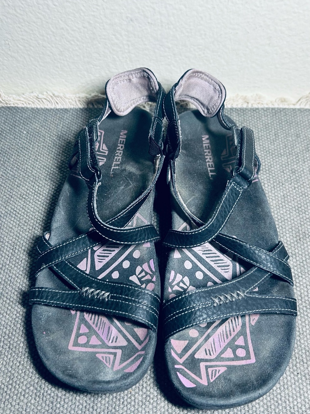 Merrell Black Sandals with Pink Patterned Insole